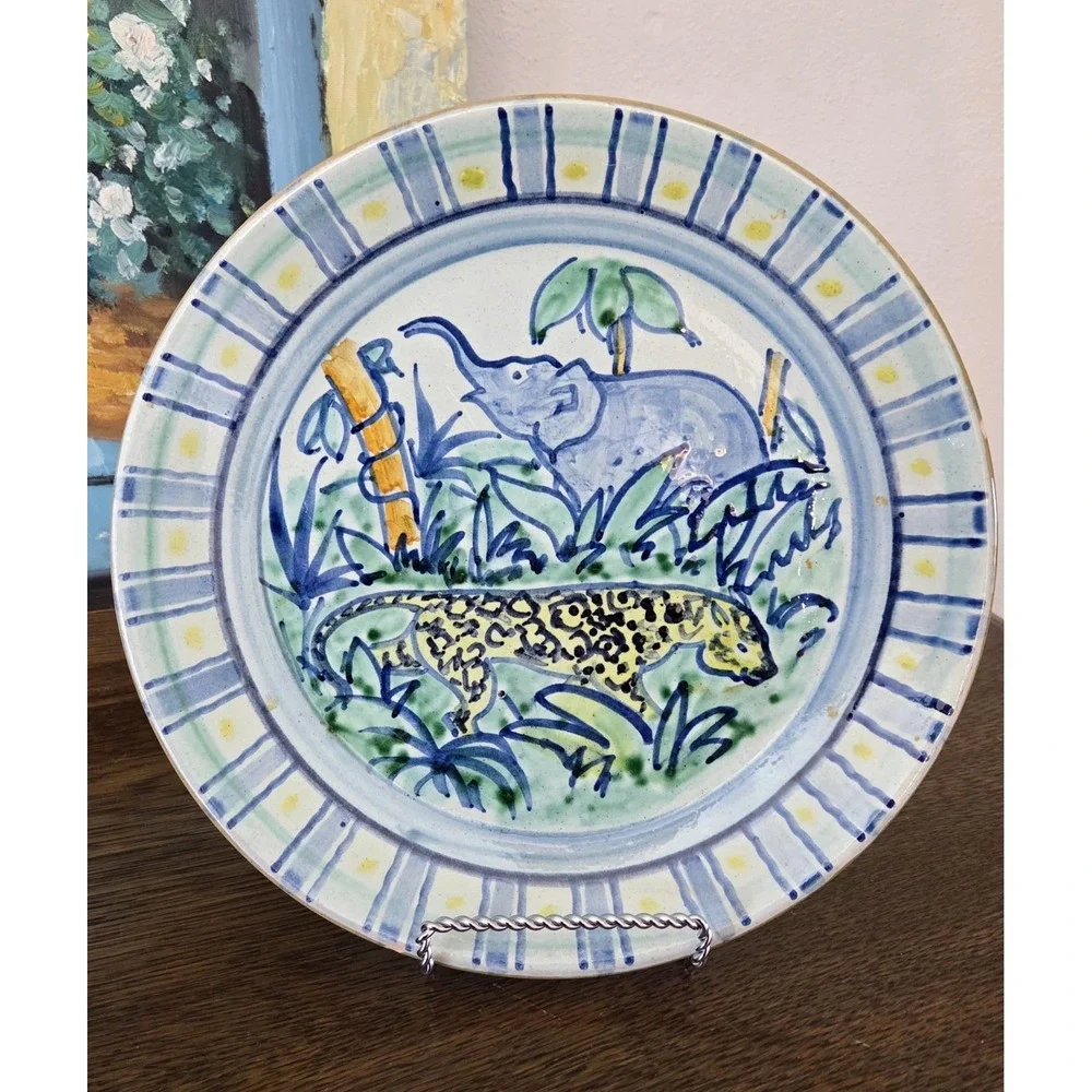 Vintage Leopard Elephant Safari Jungle Cat Plate Denmark Signed RAS Handpainted